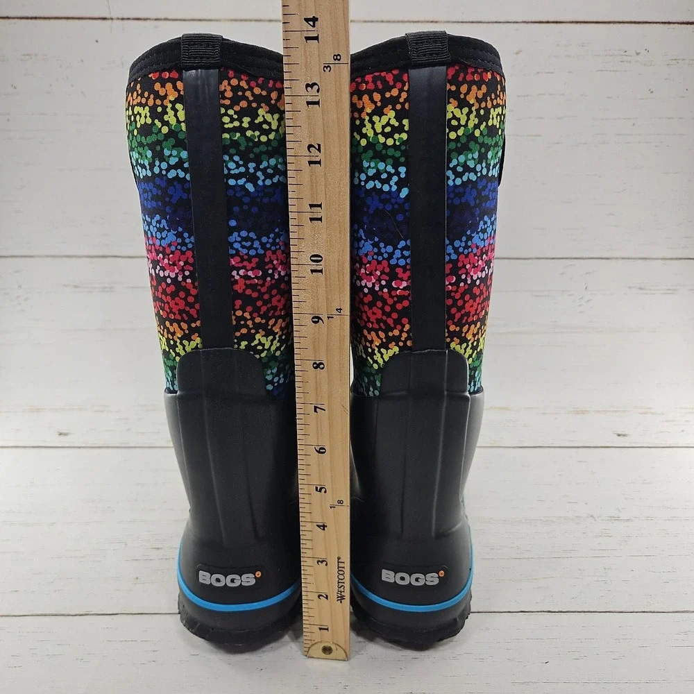 Bogs Womens Classic Rainbow Dots Black Size 6 High Farm Boots Waterproof Pull On